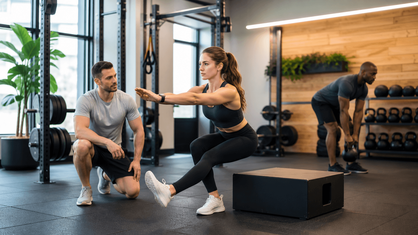 Trainer assesses an athlete’s squat form in a bright gym with kettlebells and resistance bands nearby.