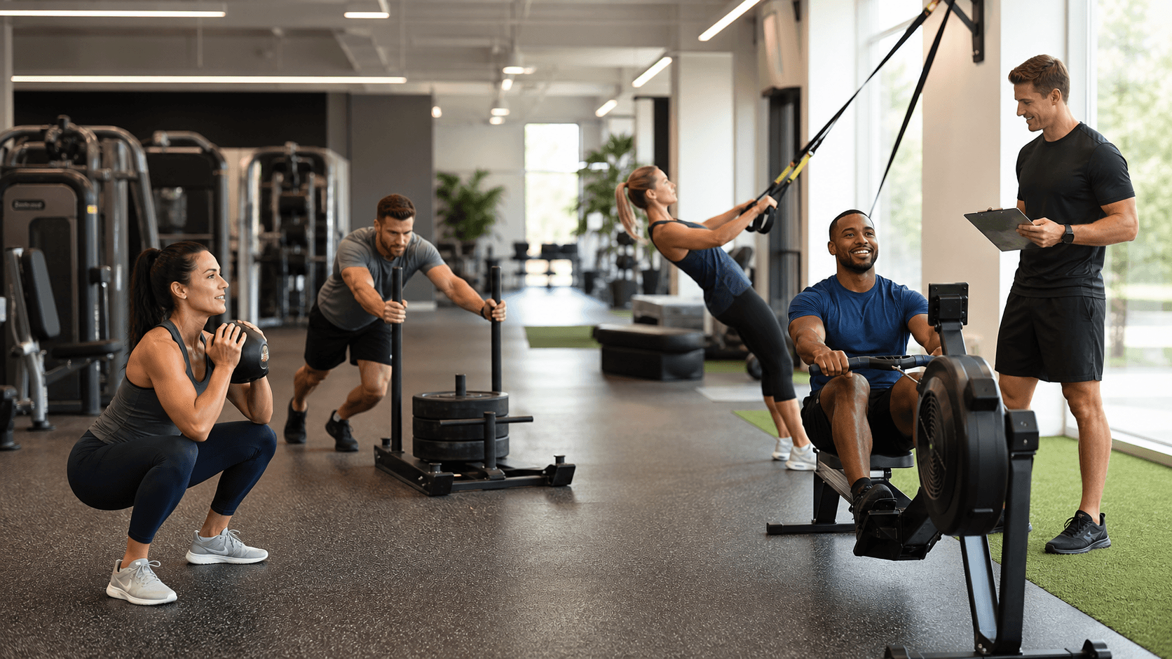 Bright gym scene with a coach guiding a small group lifting weights, sunlight streaming through large windows.