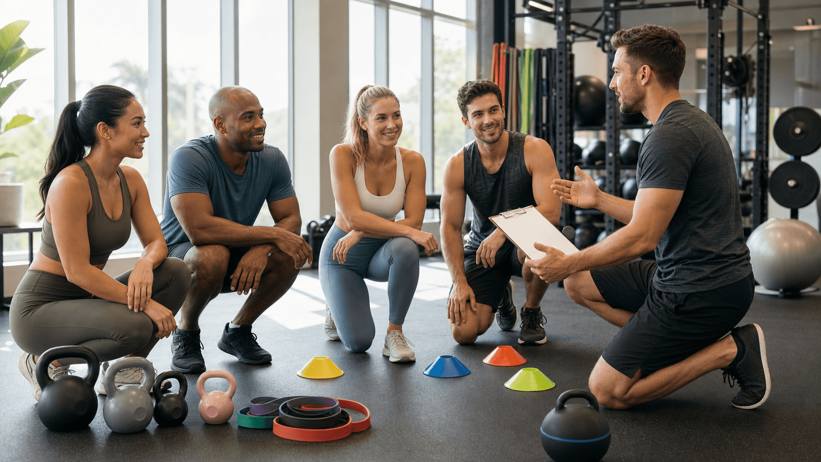 Personal trainer with clipboard guides small group lifting in bright gym, warm lighting and colorful mats