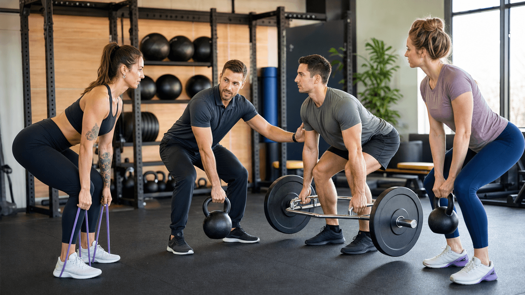 Coach in a bright gym cues two athletes lifting barbells, with racks and plates in the background.
