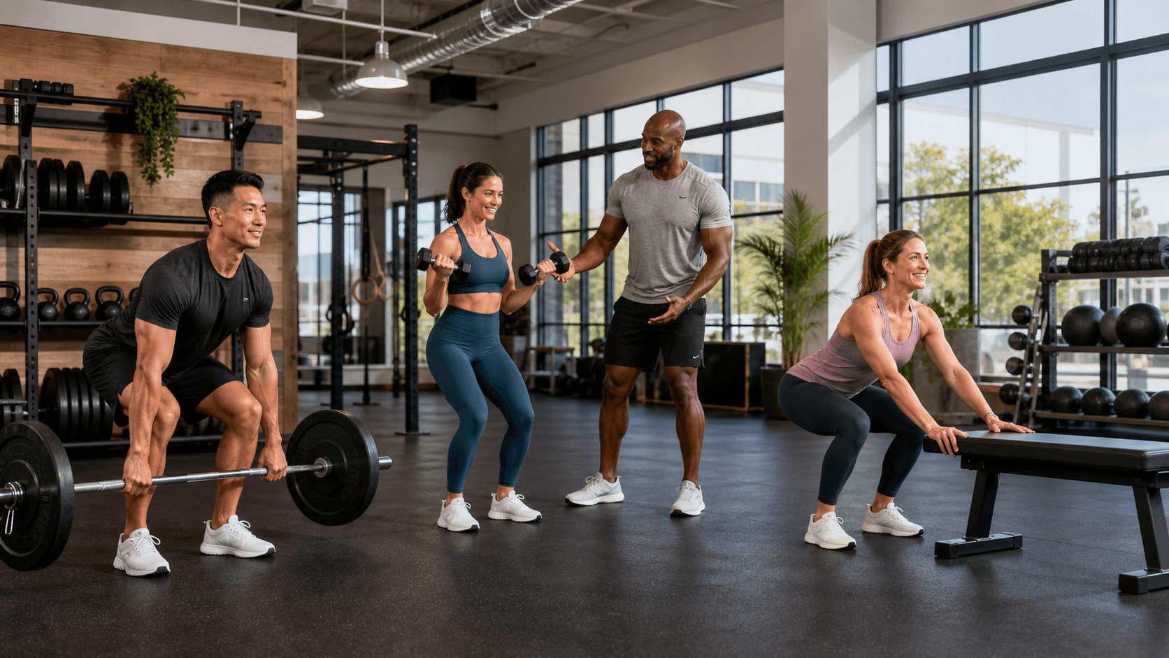 Diverse adults exercise together in a bright studio, with mats, weights, and smiling instructors.