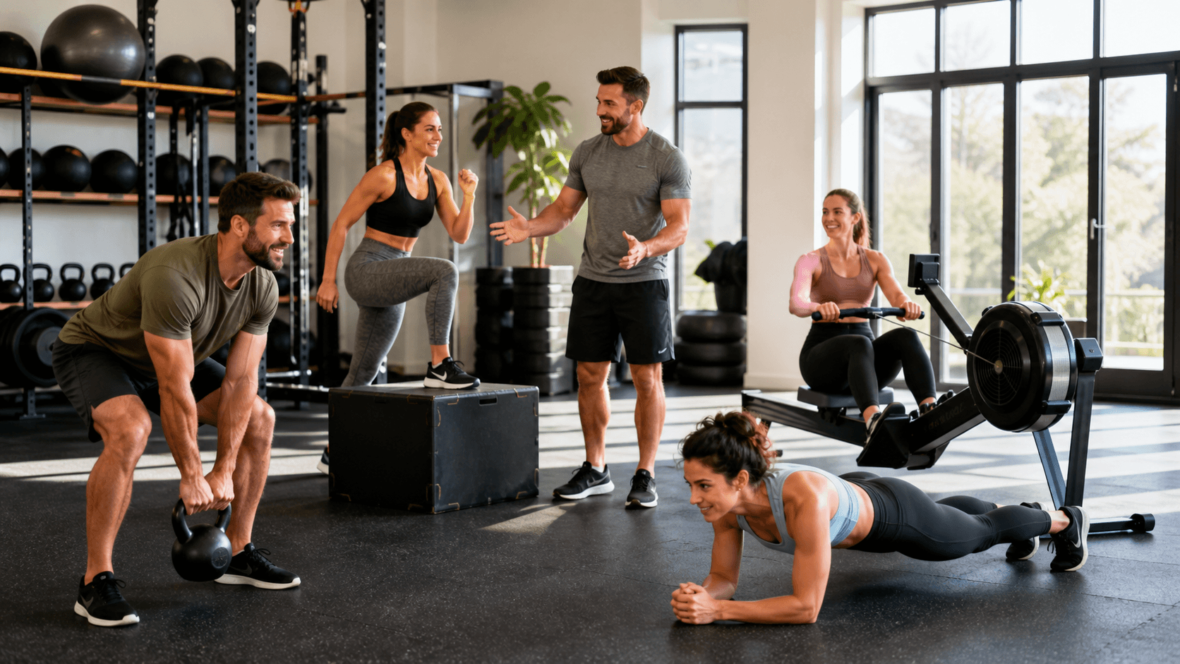 Two people lifting dumbbells in a bright gym, trainer watching, soft daylight, neutral tones.