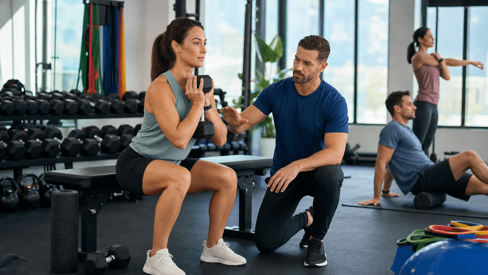 Athlete with knee brace doing a light dumbbell squat in a sunlit gym, muted tones and soft shadows