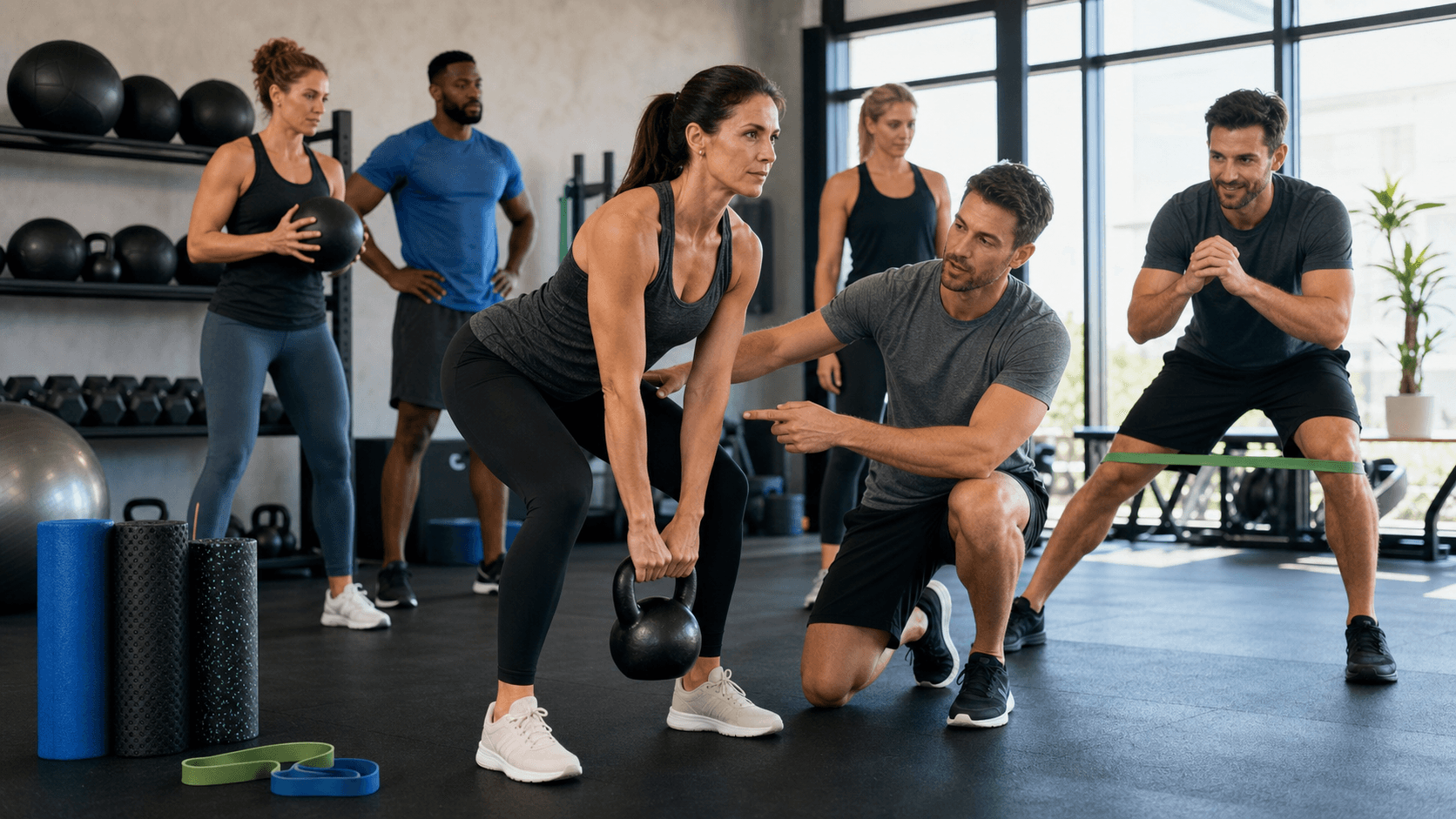 Athletes lifting barbells in a bright gym, warm lighting, with bold red and black text overlay on a white background.