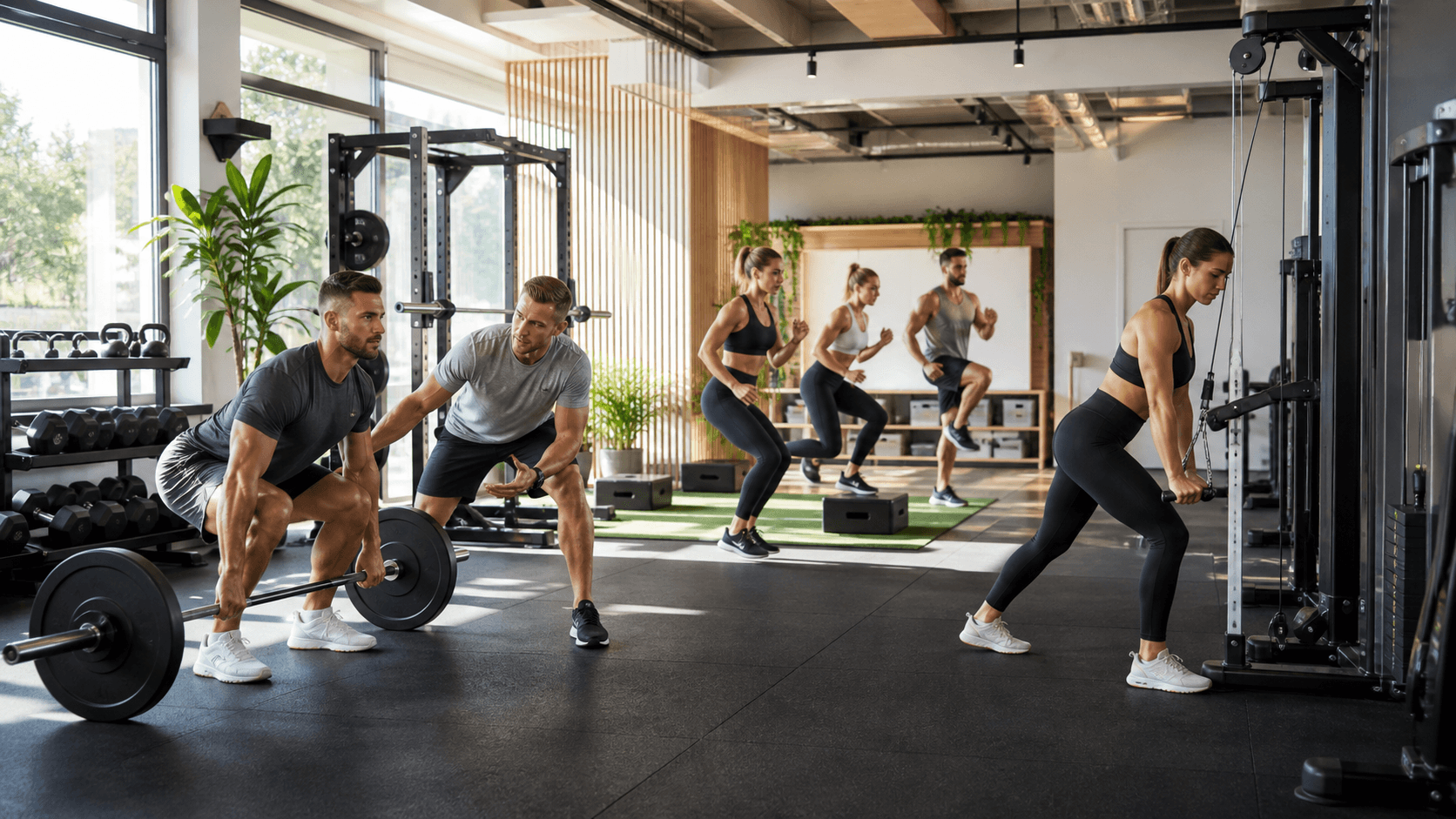 Split gym scene with weightlifting, HIIT sprints, and cardio equipment under dramatic blue and orange lighting.